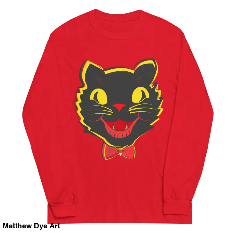 Red long sleeve shirt featuring a vintage cat graphic for unisex Halloween fashion