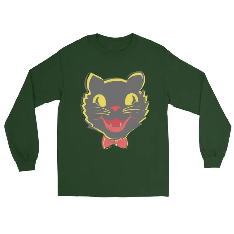 Green long sleeve shirt featuring a vintage cat graphic for unisex Halloween style