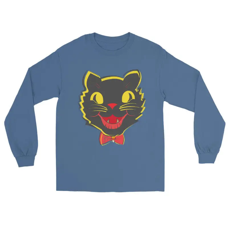 Blue long sleeve shirt featuring a black cat graphic from Witch’s Familiar vintage cat unisex collection