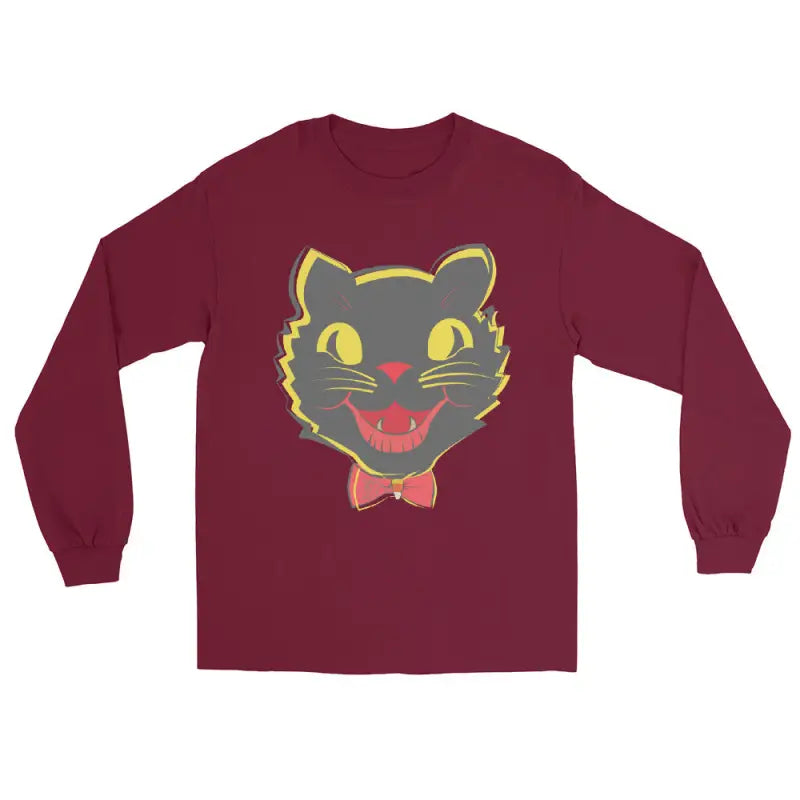 Maroon long sleeve shirt featuring a black cat graphic for vintage cat unisex style