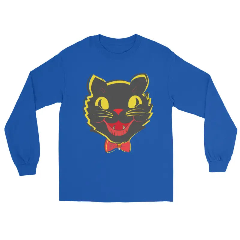 Blue long sleeve shirt featuring black cat graphic from Witch’s Familiar vintage cat unisex collection