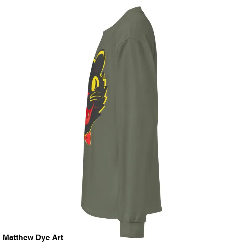 Olive green heavyweight long sleeve shirt featuring vintage cat graphic design
