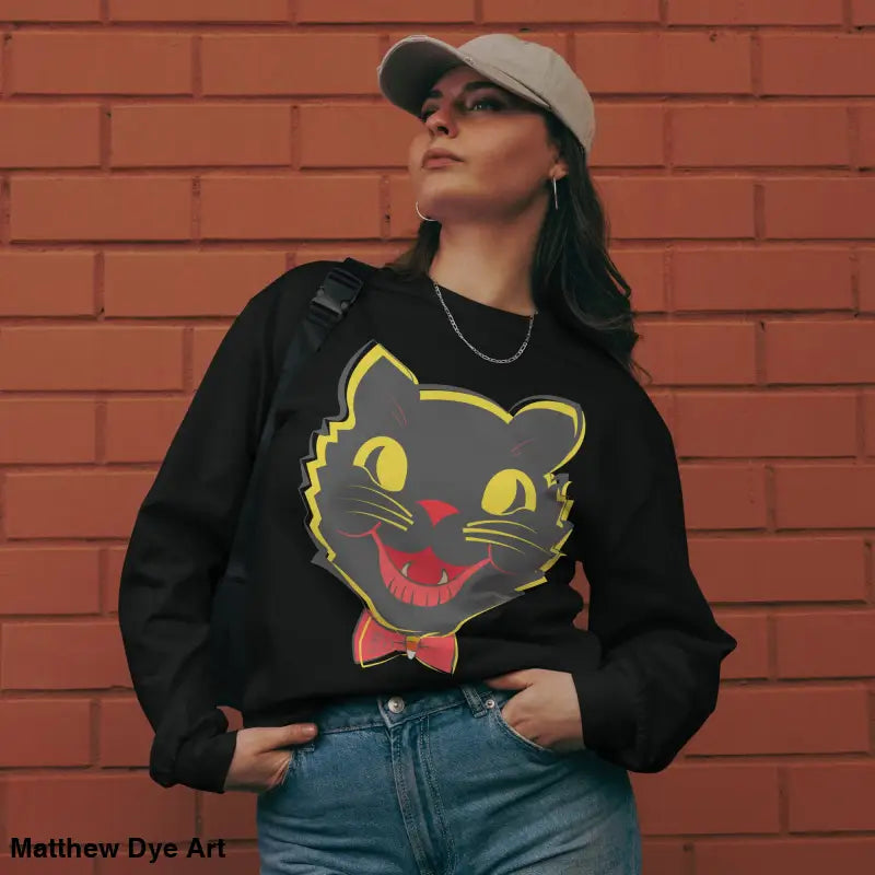 Black heavyweight long sleeve sweatshirt featuring a vintage cat graphic design