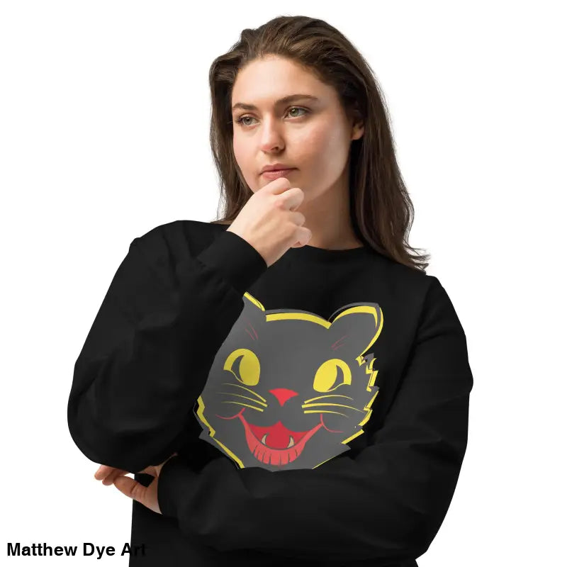 Black heavyweight long sleeve shirt featuring a vintage cat graphic for Halloween