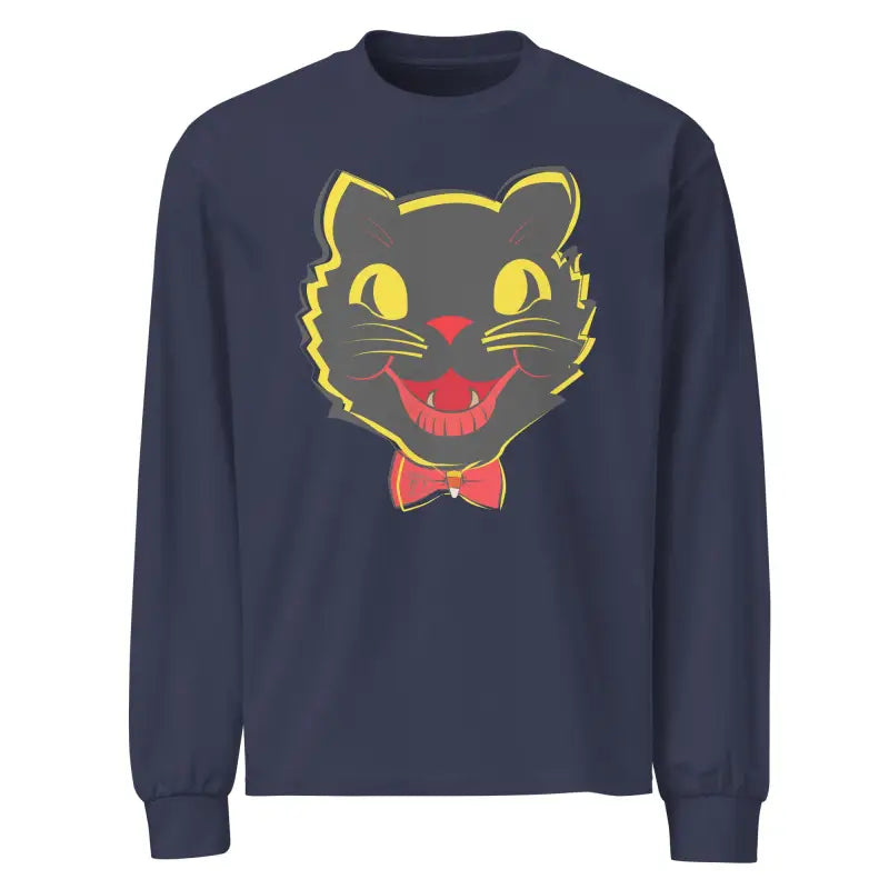 Navy heavyweight long sleeve shirt featuring vintage cat graphic for Halloween