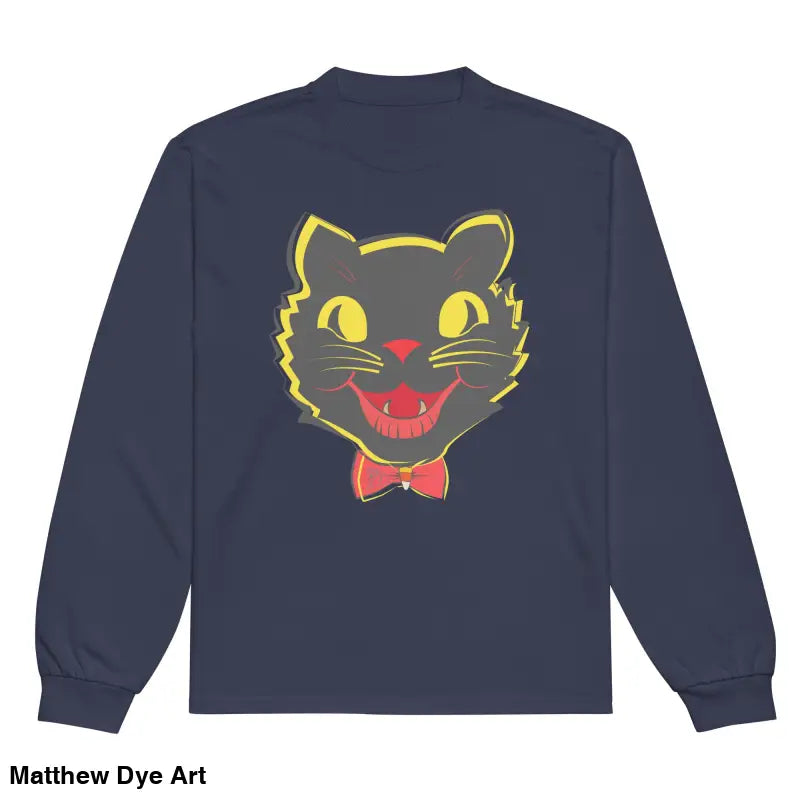 Navy heavyweight long sleeve shirt featuring vintage cat graphic for Halloween