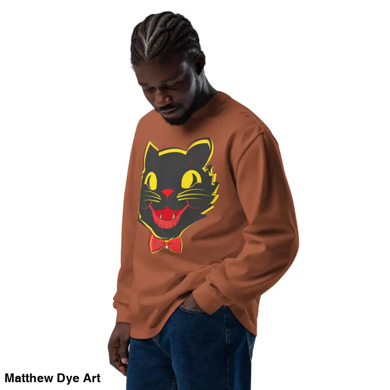 Brown sweatshirt featuring a black cat graphic from the Vintage Cat Premium collection