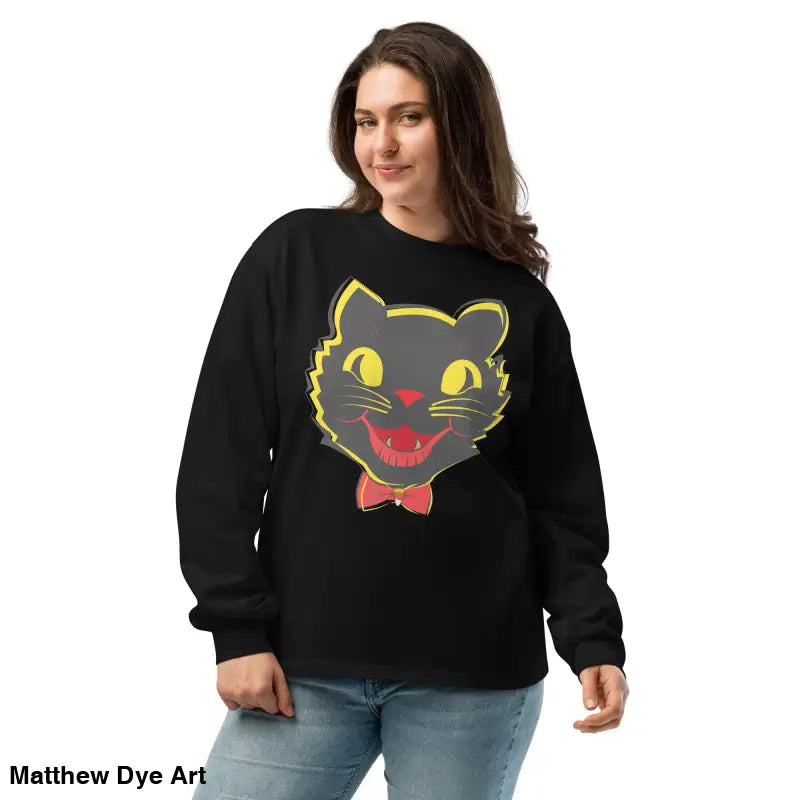 Black sweatshirt featuring a vintage cat graphic from the premium heavyweight long sleeve collection