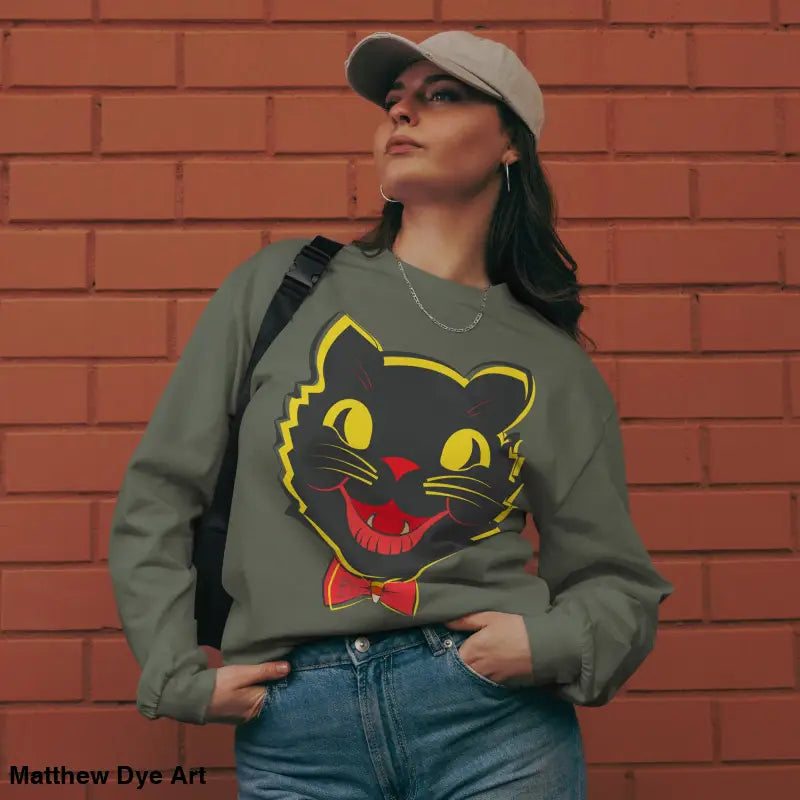 Olive green heavyweight long sleeve featuring a vintage cat graphic for Halloween