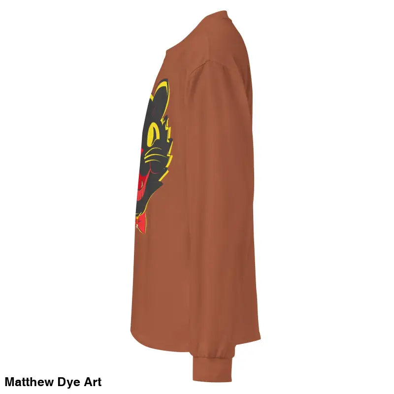 Brown heavyweight long sleeve shirt featuring a vintage cat graphic design