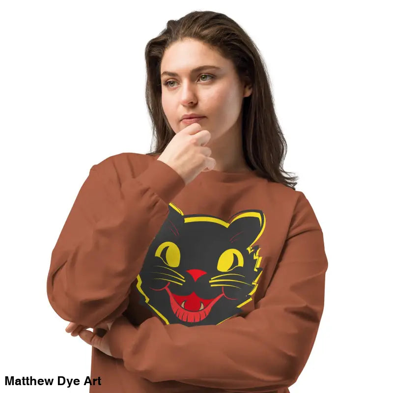 Brown heavyweight long sleeve sweatshirt featuring a vintage cat graphic