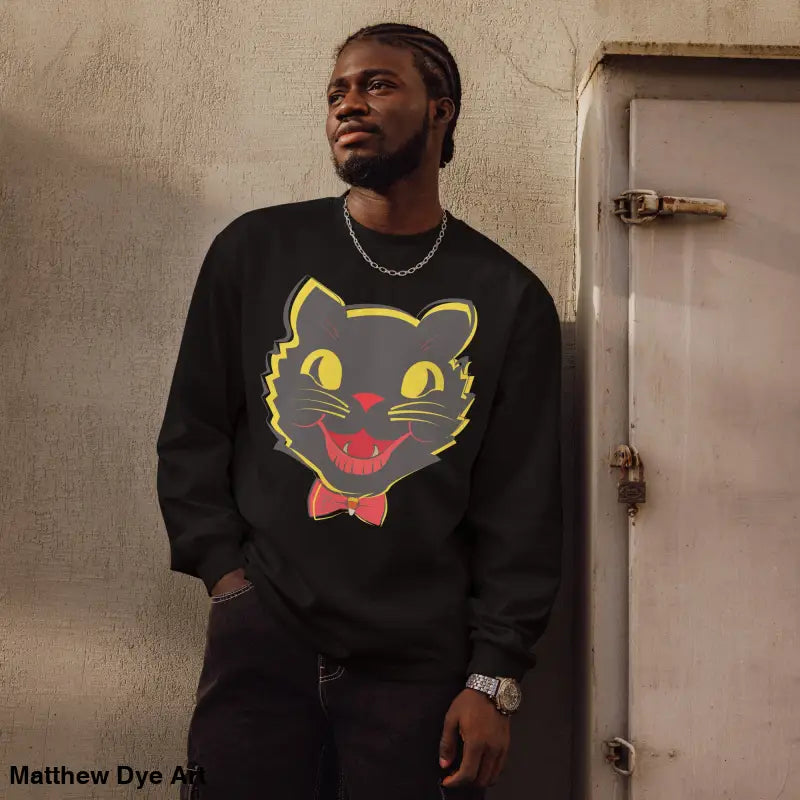 Black heavyweight long sleeve sweatshirt featuring vintage cat graphic design
