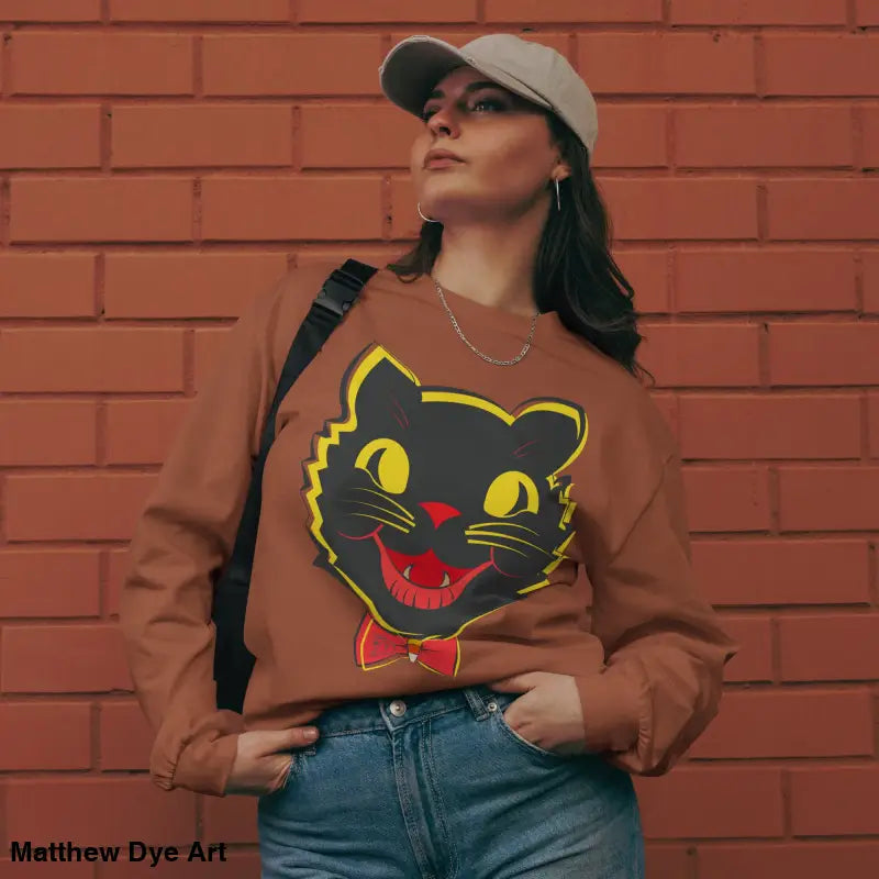 Woman showcasing a Vintage Halloween Cat Heavyweight Long Sleeve sweatshirt