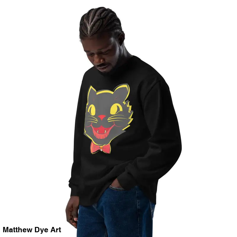 Black sweatshirt featuring a vintage cat graphic from the premium heavyweight long sleeve collection