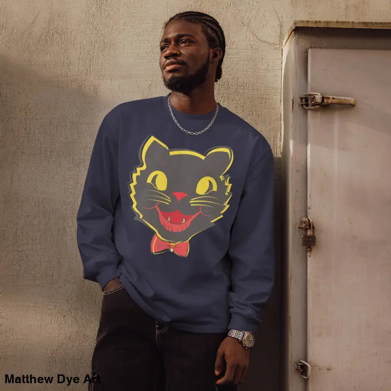 Navy heavyweight long sleeve featuring vintage cat graphic from Witchy & Warm collection