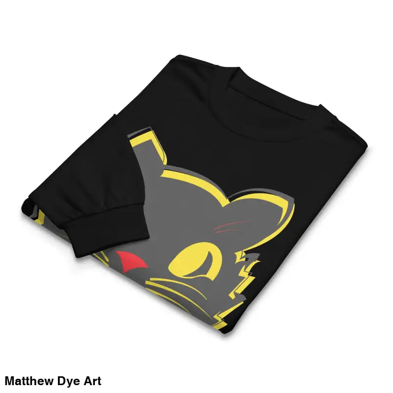 Folded black sweatshirt featuring stylized cat design, part of Witchy & Warm vintage cat premium collection