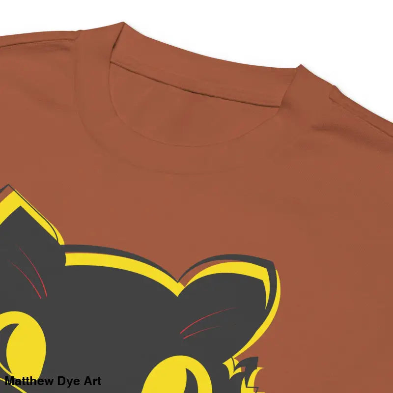 Brown t-shirt featuring black cat graphic from Witchy & Warm vintage cat premium collection