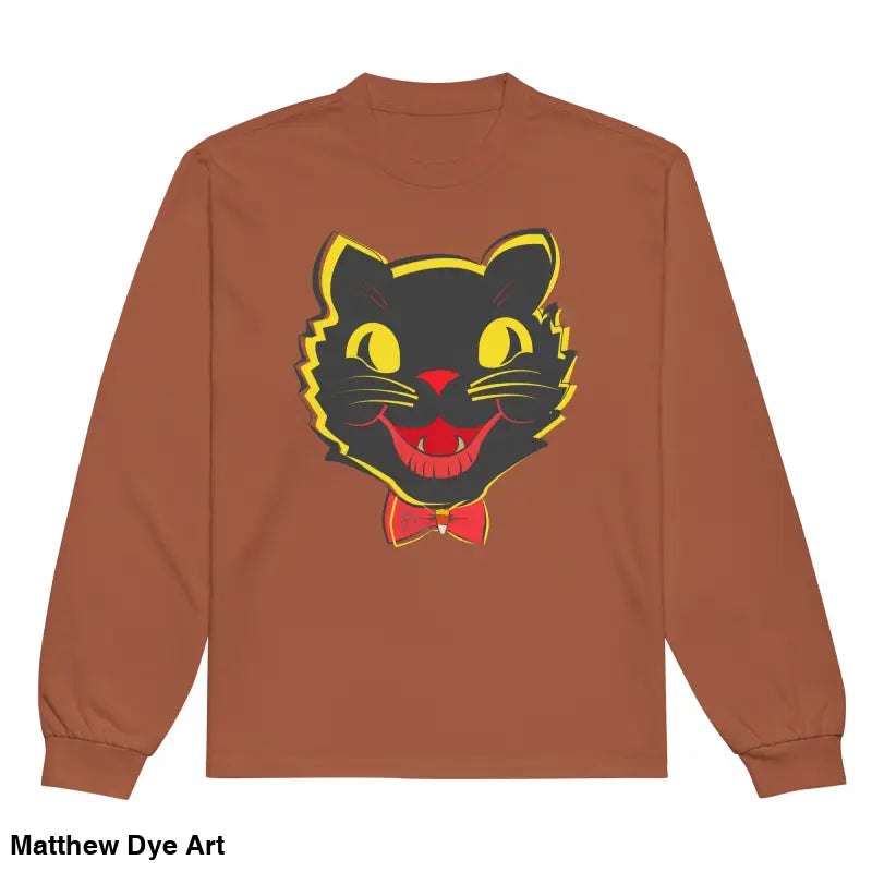 Brown heavyweight long sleeve shirt featuring a vintage cat graphic for Halloween