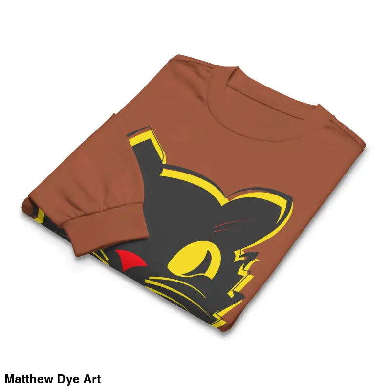 Folded brown heavyweight long sleeve shirt featuring a vintage cat design