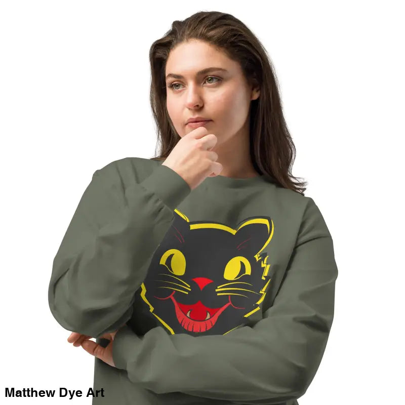 Olive green heavyweight long sleeve featuring vintage cat graphic on premium fabric