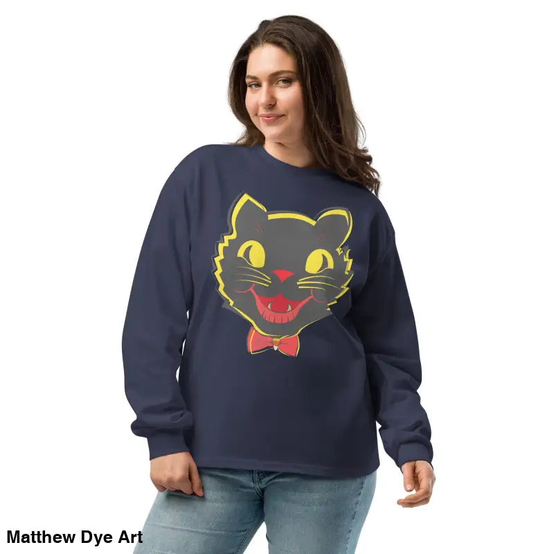 Navy sweatshirt featuring black cat graphic from Witchy & Warm premium heavyweight long sleeve