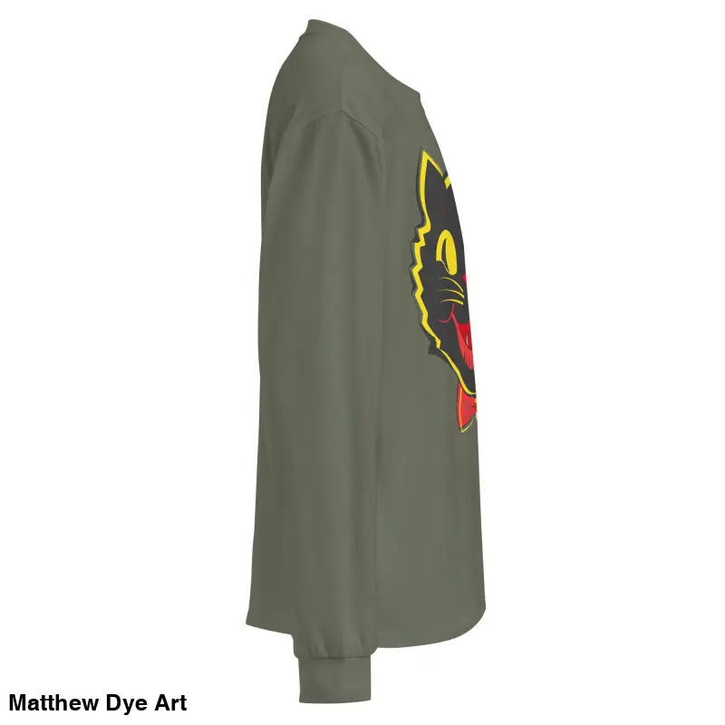 Olive green heavyweight long sleeve shirt featuring vintage cat graphic design