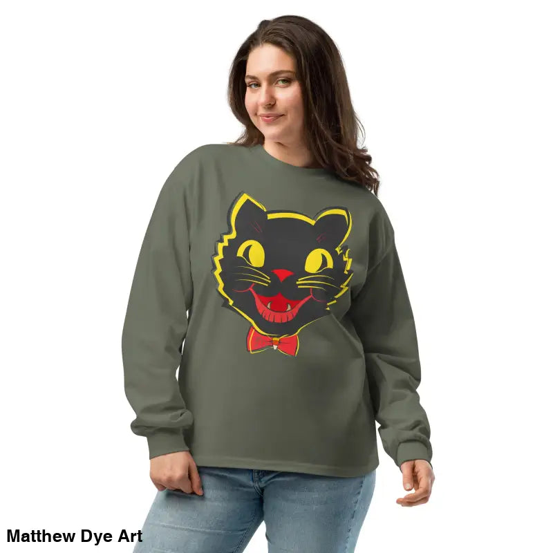 Woman in a Vintage Cat Premium heavyweight long sleeve sweatshirt for Halloween