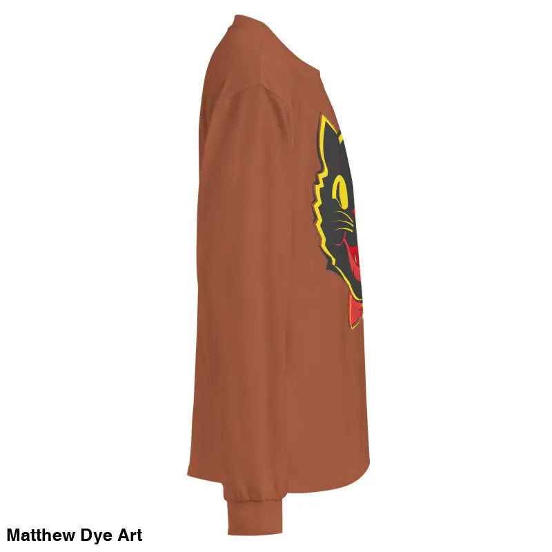 Brown heavyweight long sleeve shirt featuring a vintage cat graphic for Halloween