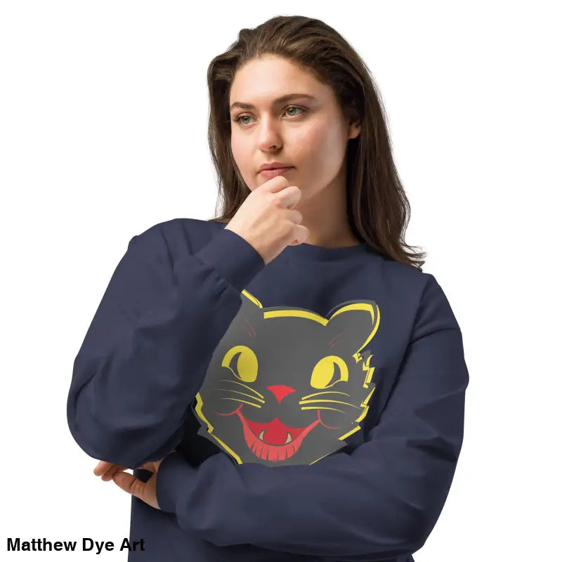 Navy heavyweight long sleeve sweatshirt featuring vintage cat graphic design