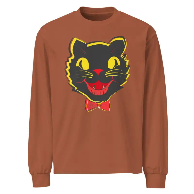 Brown heavyweight long sleeve shirt featuring a vintage cat graphic for Halloween