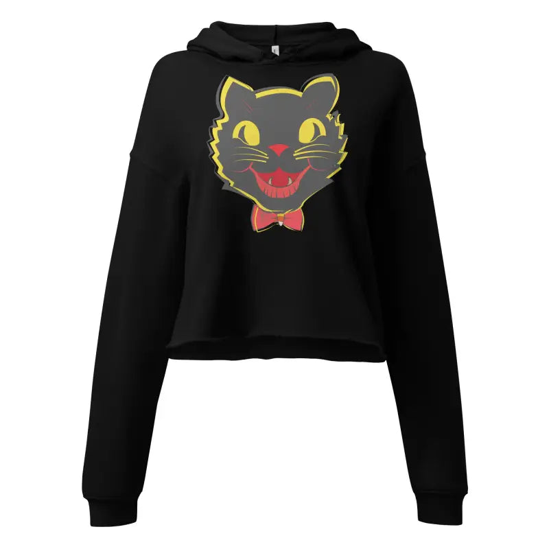Black cropped hoodie featuring a stylish vintage black cat graphic for Halloween fashion