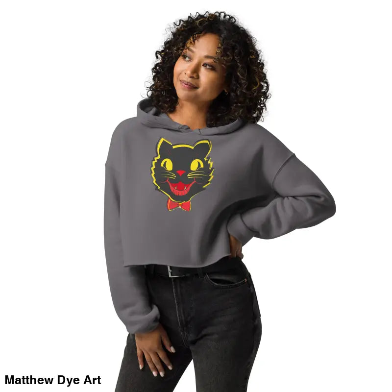 Woman in gray cropped hoodie featuring stylish vintage black cat graphic design