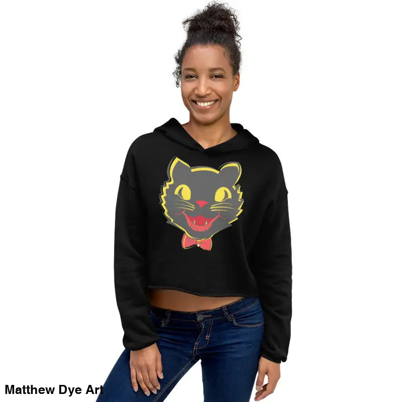 Vintage black cat graphic on a stylish black cropped hoodie for Halloween
