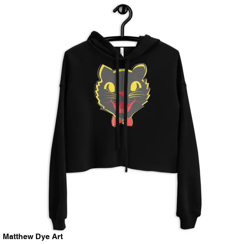 Stylish vintage black cat graphic on a cropped hoodie for Halloween enthusiasts