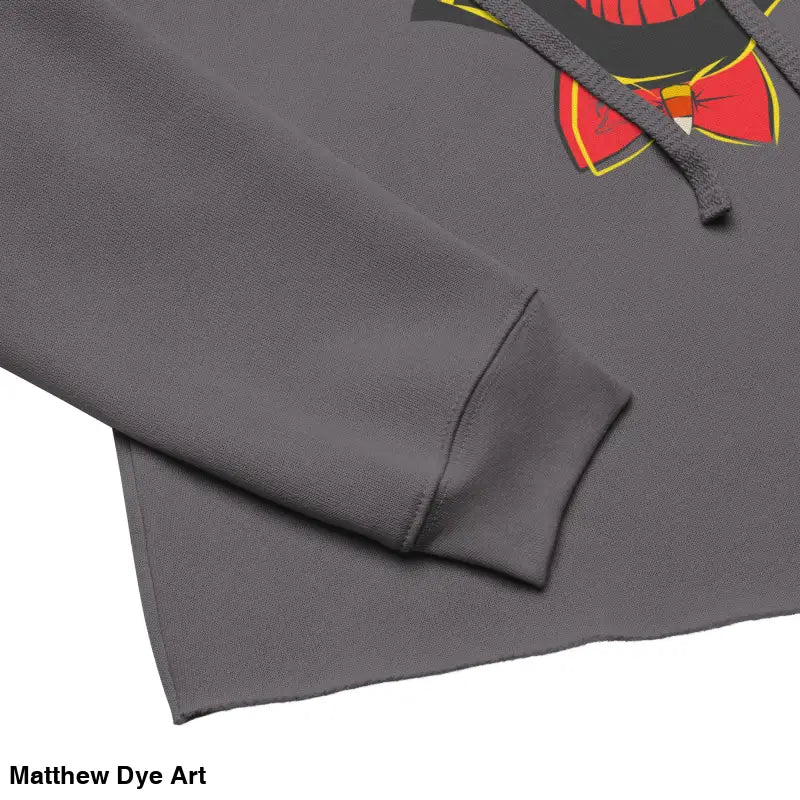 Gray cropped hoodie sleeve showcasing stylish vintage black cat design for Halloween