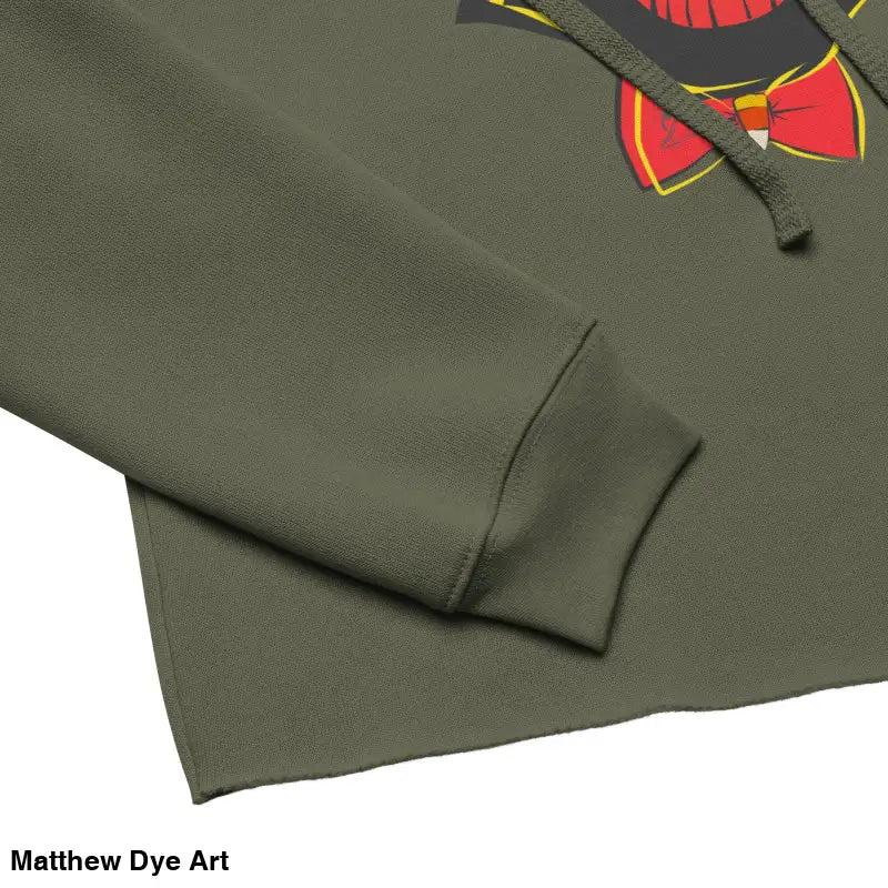 Olive green cropped hoodie featuring stylish vintage black cat design for Halloween