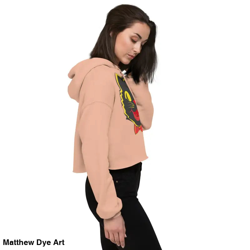 Peach-colored cat crop hoodie featuring a stylish vintage black cat graphic