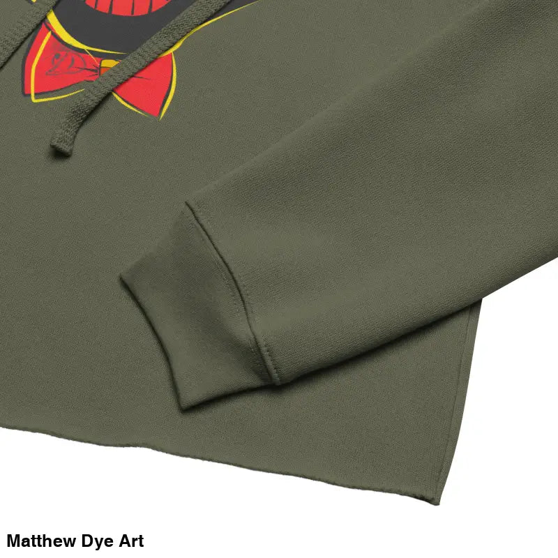 Olive green cropped hoodie featuring a stylish vintage black cat design for Halloween