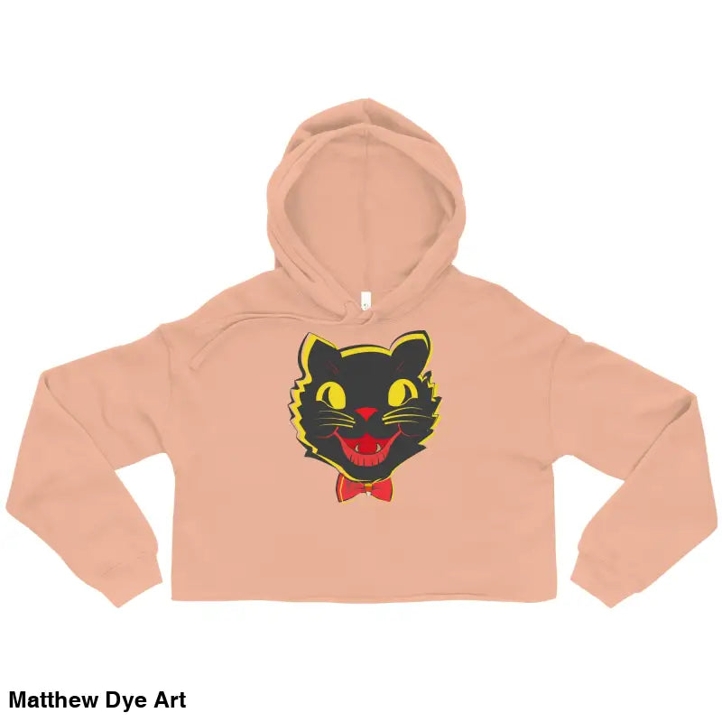 Peach-colored cat crop hoodie featuring a stylish vintage black cat graphic