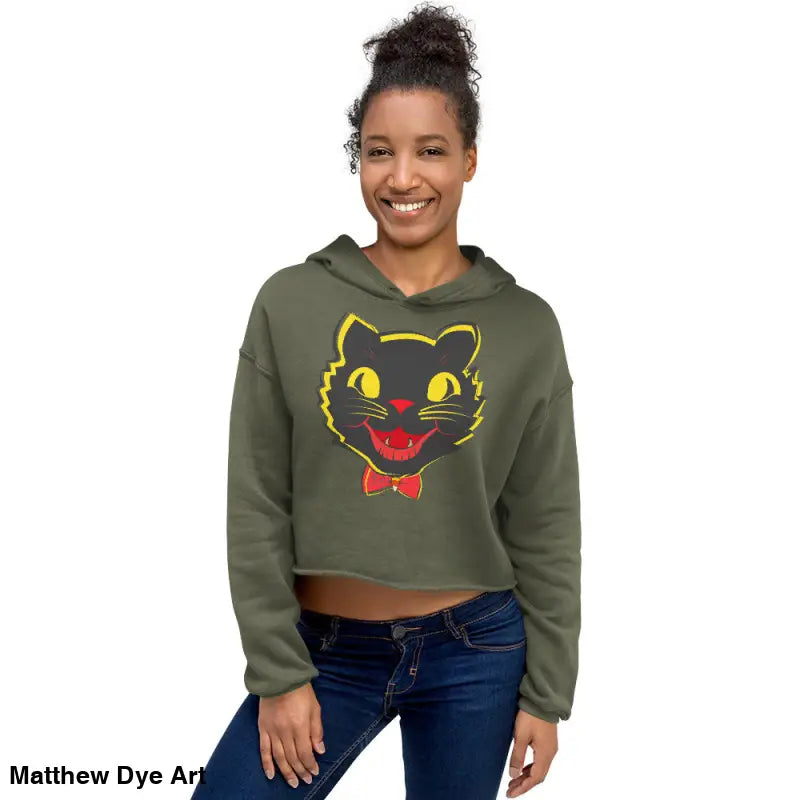 Woman modeling a stylish vintage black cat crop hoodie with whimsical design