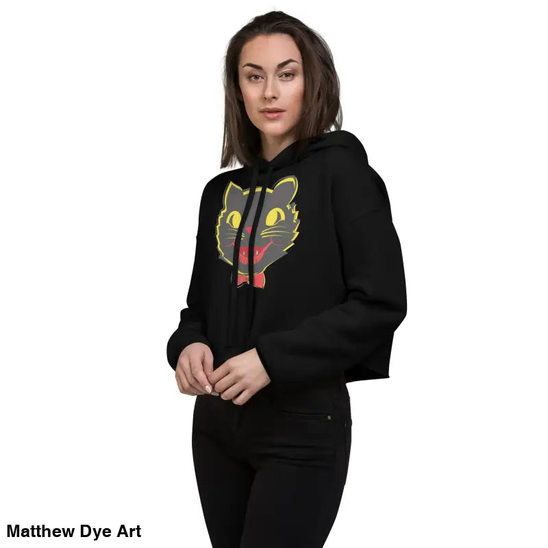 Stylish vintage black cat crop hoodie featuring a whimsical cat graphic design