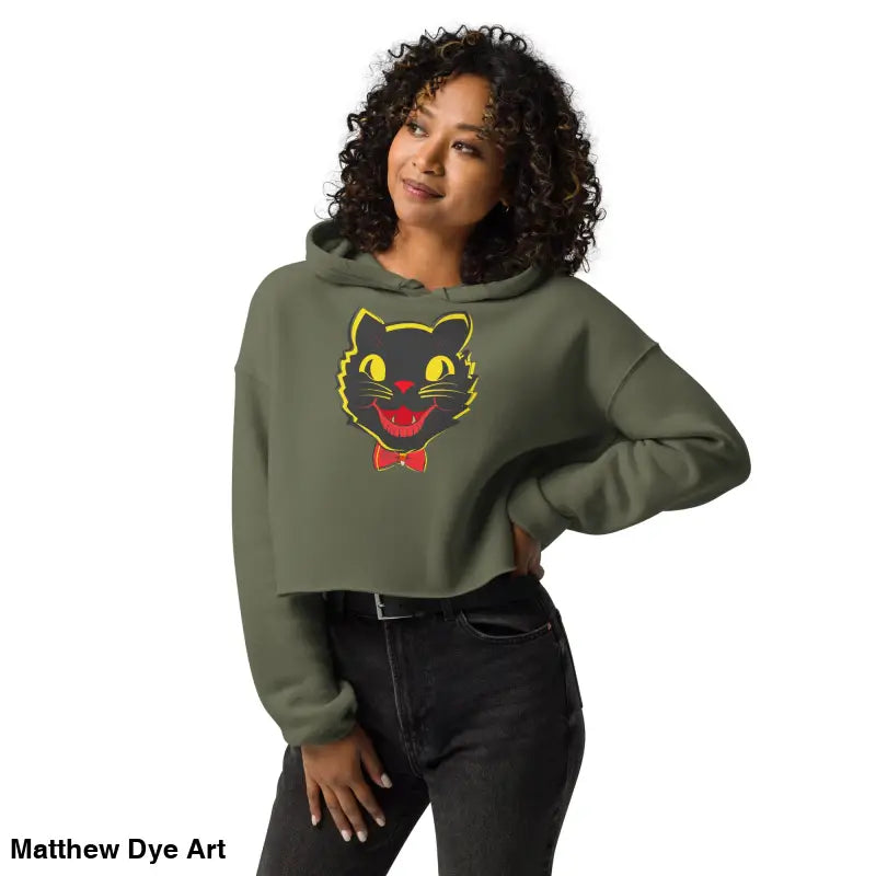 Woman modeling a stylish vintage black cat crop hoodie with a whimsical design