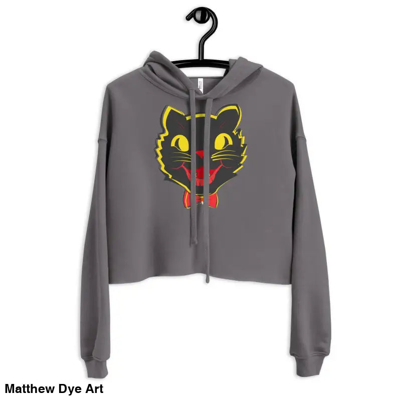 Gray cropped hoodie featuring a stylish vintage black cat graphic for Halloween