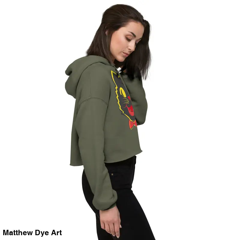 Olive green cropped hoodie featuring a stylish vintage black cat design