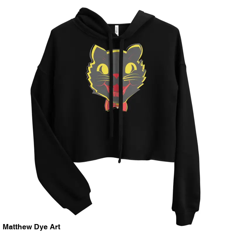 Stylish Vintage Black Cat Crop Hoodie featuring a whimsical cat graphic design