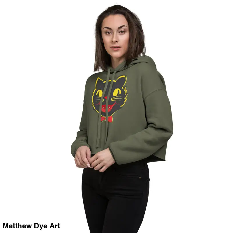 Woman models a stylish vintage black Cat Crop Hoodie with a whimsical Halloween design