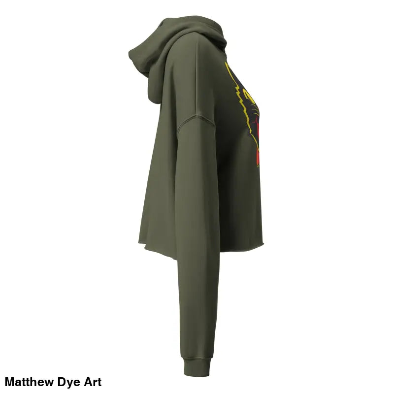 Olive green cropped hoodie featuring a stylish vintage black cat design for Halloween