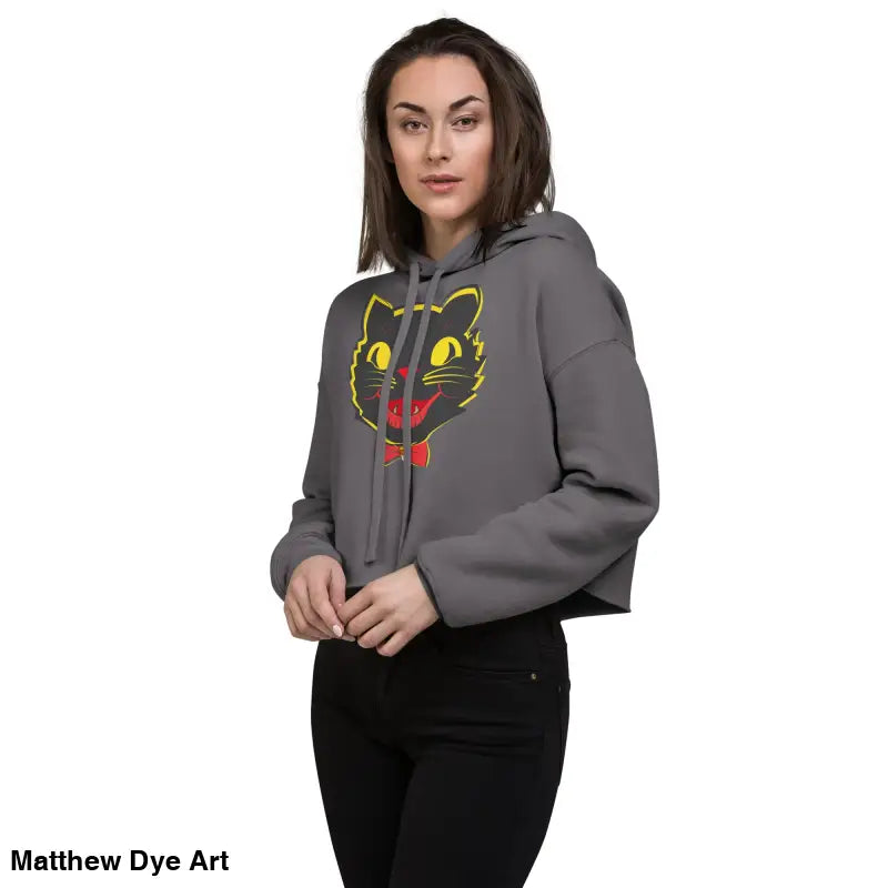 Gray cropped hoodie featuring a stylish vintage black cat graphic for Halloween-themed fashion