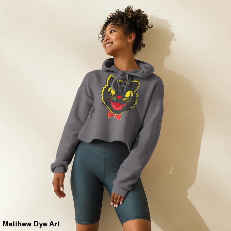 Gray cropped hoodie featuring a stylish vintage black cat graphic for Halloween