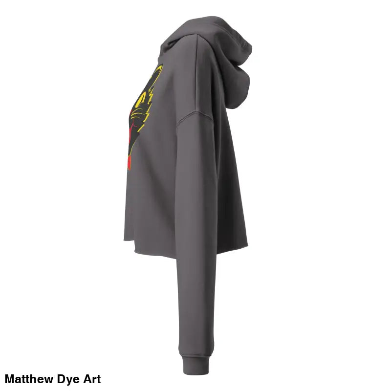 Gray hooded sweatshirt featuring vintage black cat graphic in stylish crop hoodie design